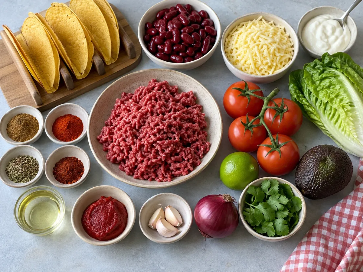 Gehakt, specerijen, tomaten, bonen, kaas en tacoschelpen