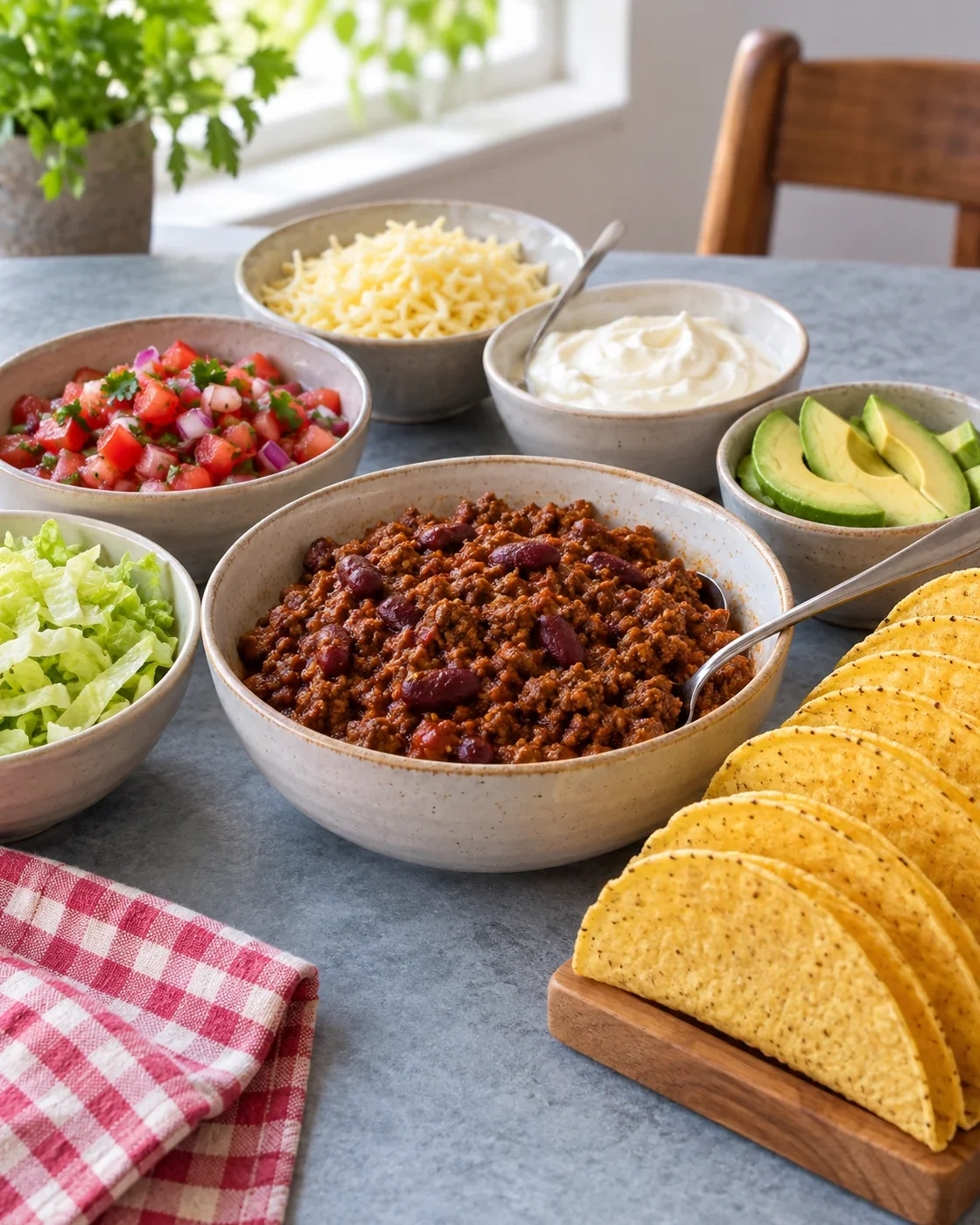 Een tafel met schaaltjes vulling en een stapel tacoschelpen