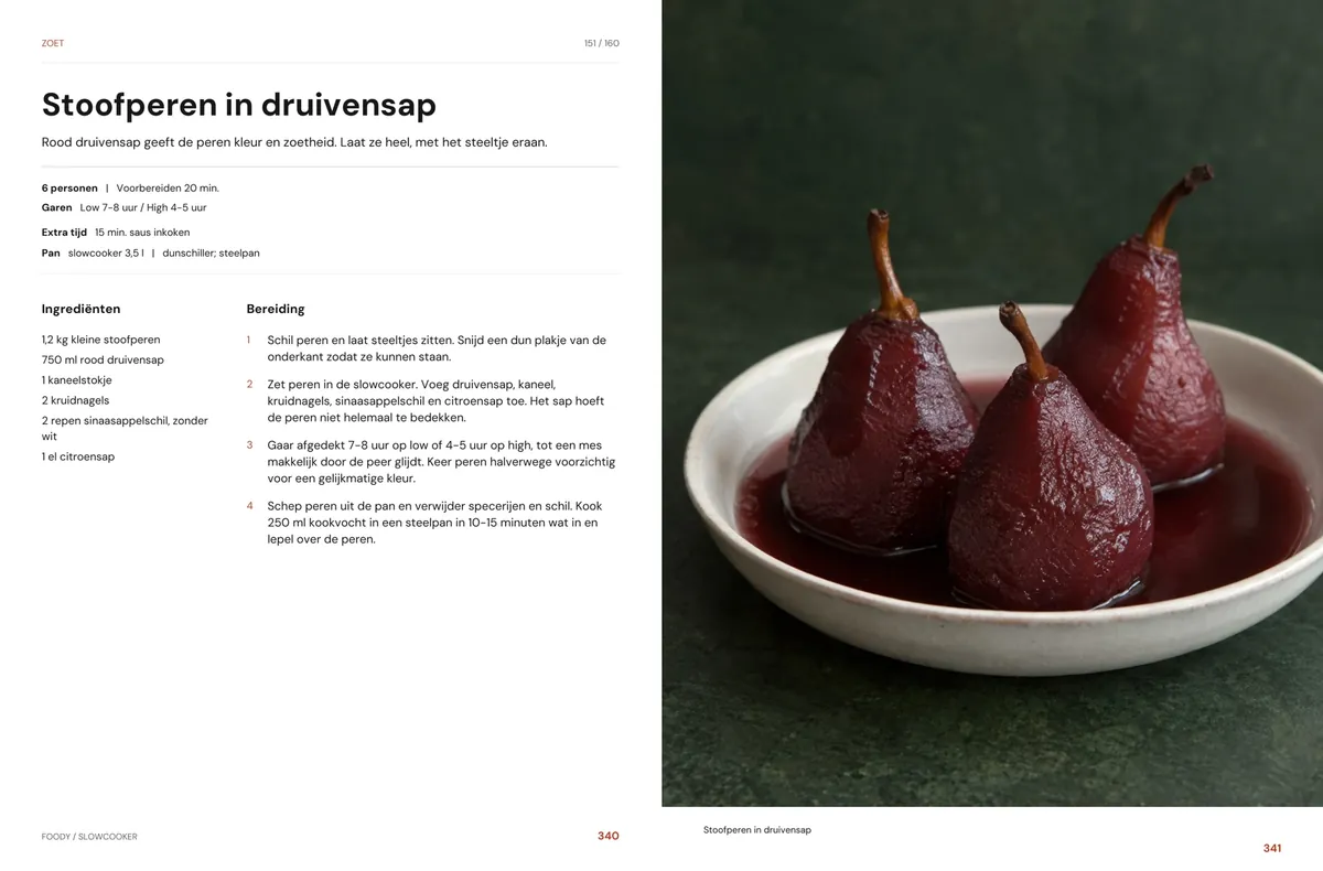 Stoofperen in druivensap: recept en beeld naast elkaar