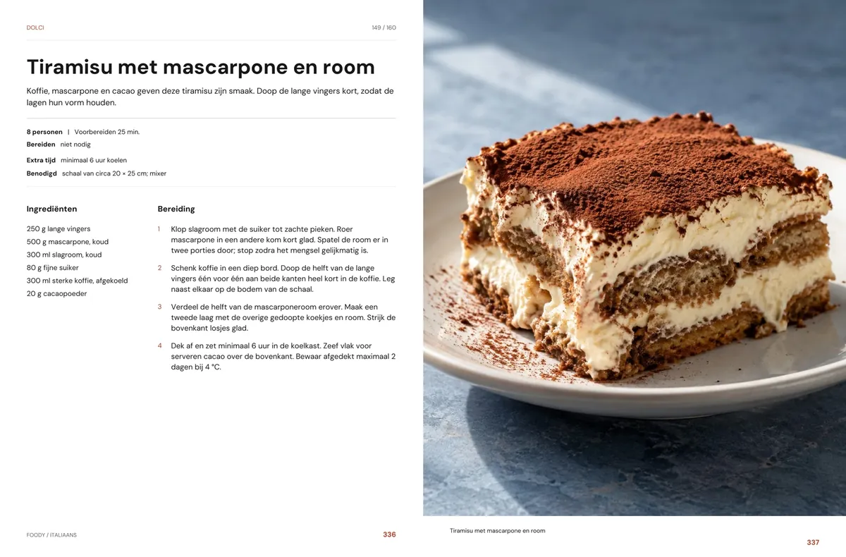 Tiramisu met mascarpone en room: recept en beeld naast elkaar