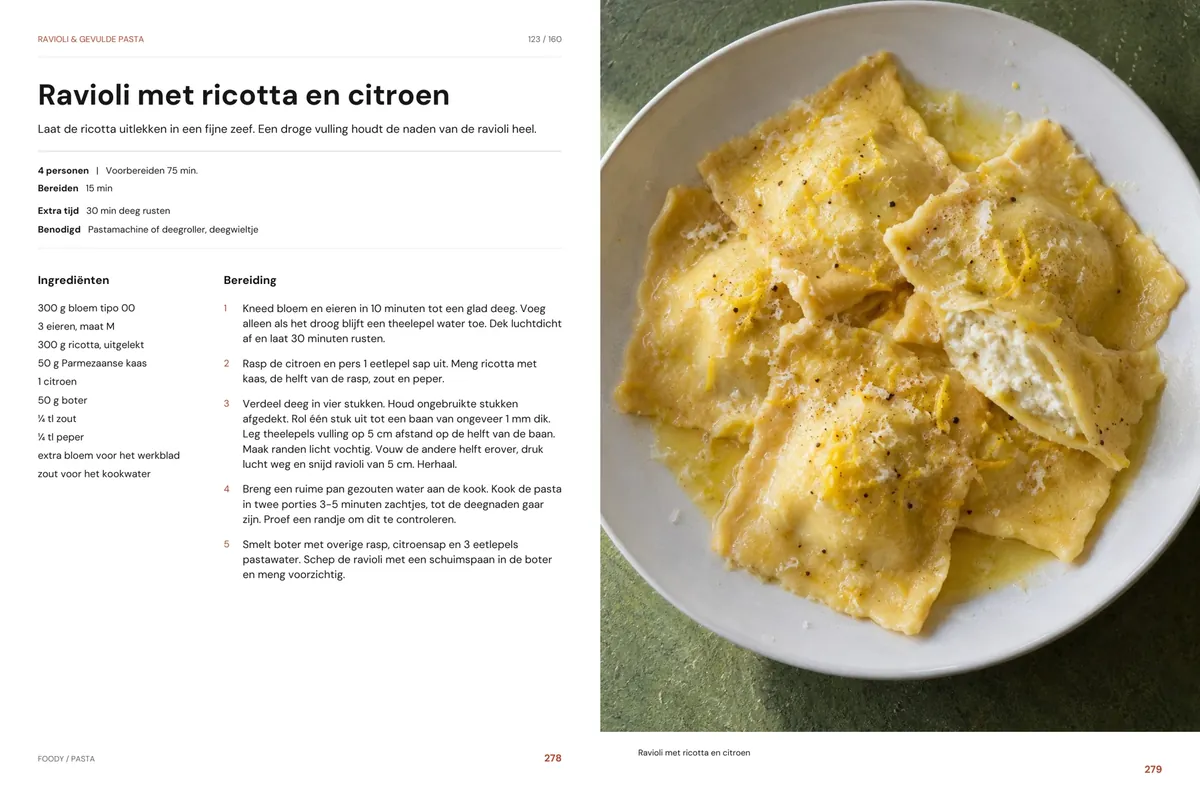 Ravioli met ricotta en citroen: recept en beeld naast elkaar
