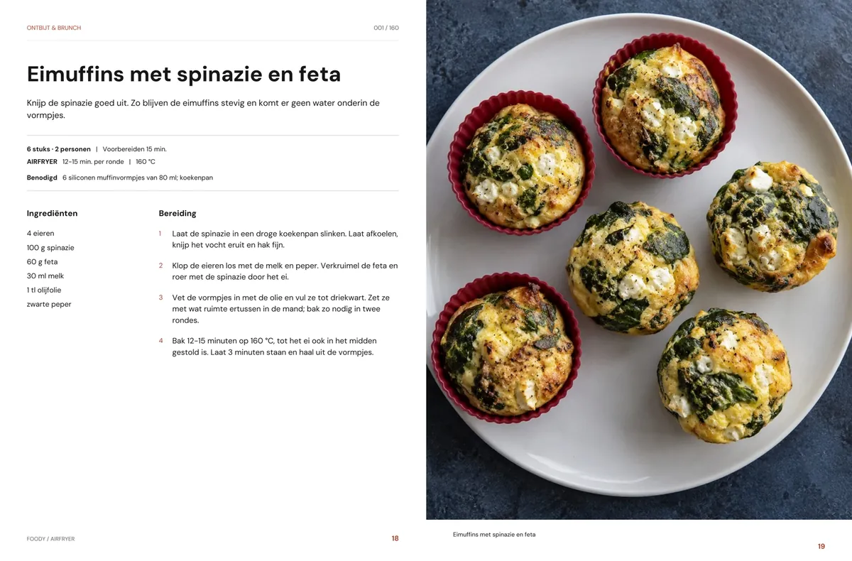 Eimuffins met spinazie en feta: recept en beeld naast elkaar